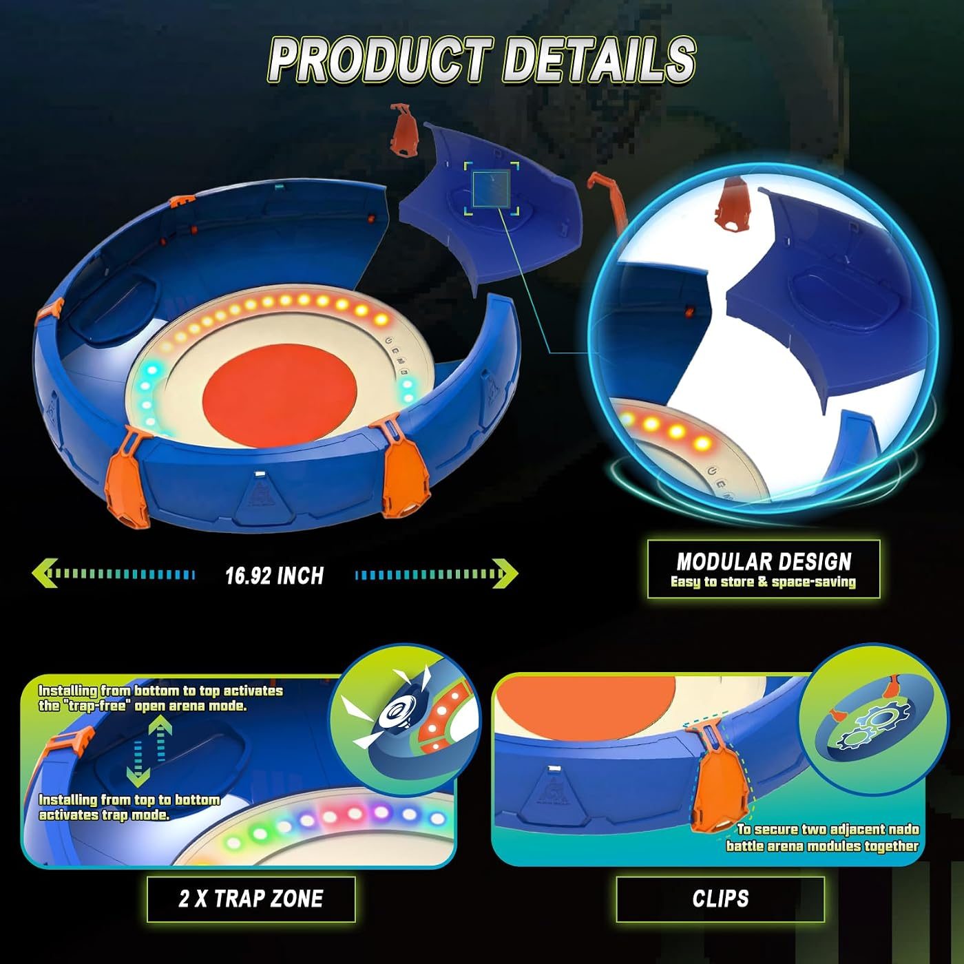 Glow Battle Arena, 16.9 Inch battle top, close view of the attack ring