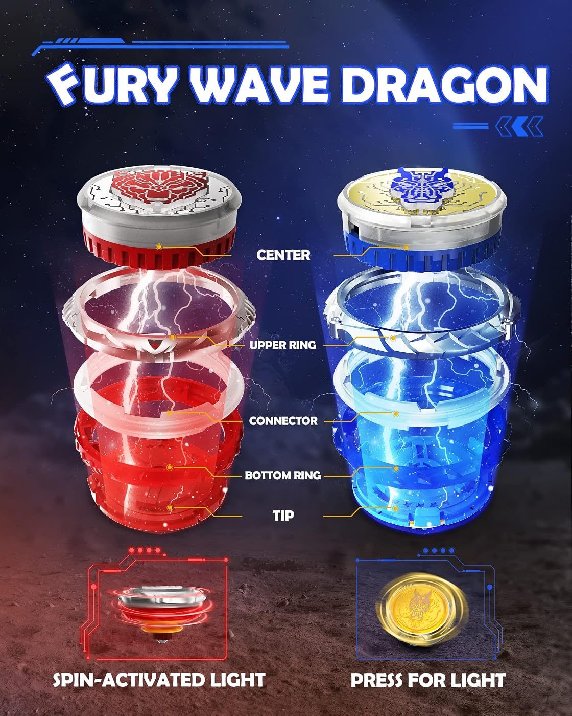 Stadium Set, Sapphire Blue and Flame Red spinning top set, boxed contents