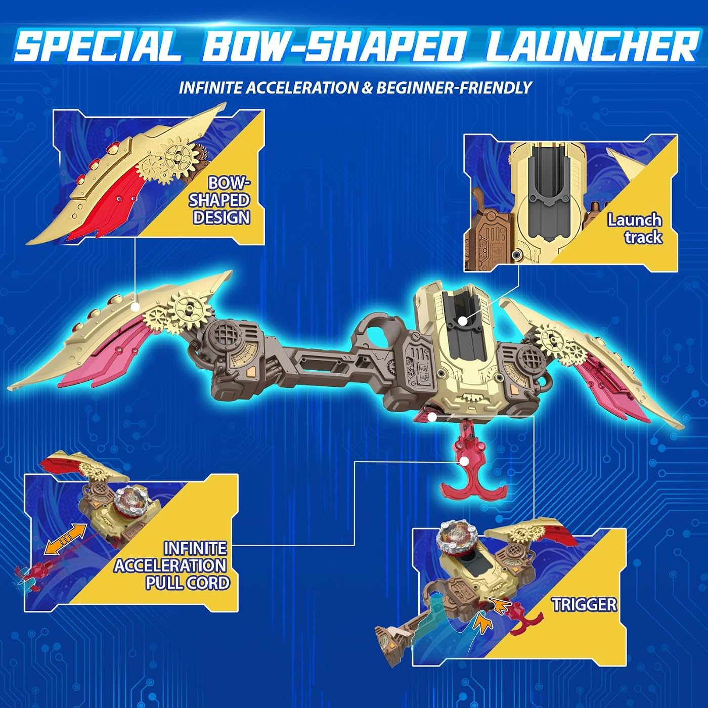 Three-Launcher Pack, Gun, Bow and Sword spinning top set, boxed contents