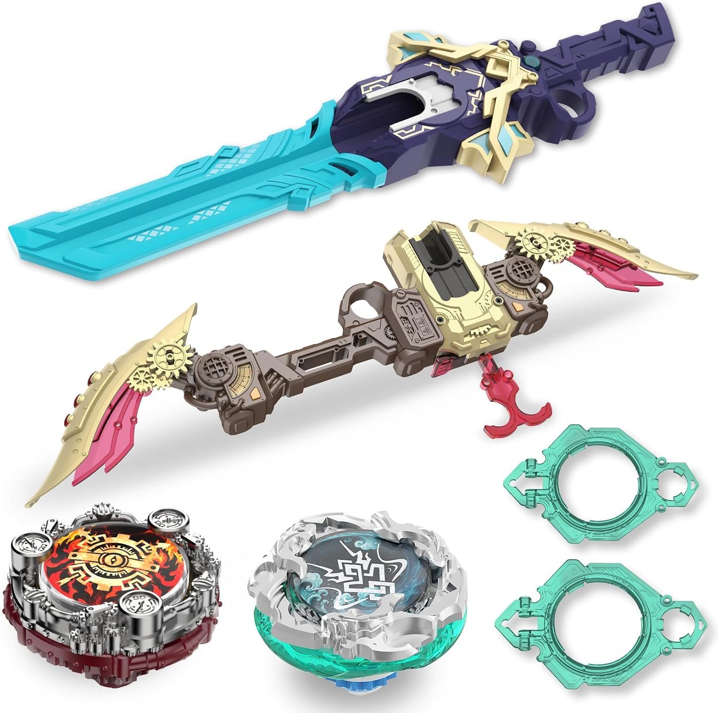 Two-Launcher Pack, Bow and Sword metal battle top with its launcher